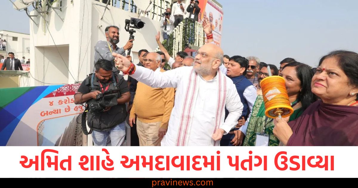 અમિત શાહ, અમદાવાદ, પતંગ, ઉડાવ્યા, પતંગ કાપવો, આનંદ, ચહેરો,